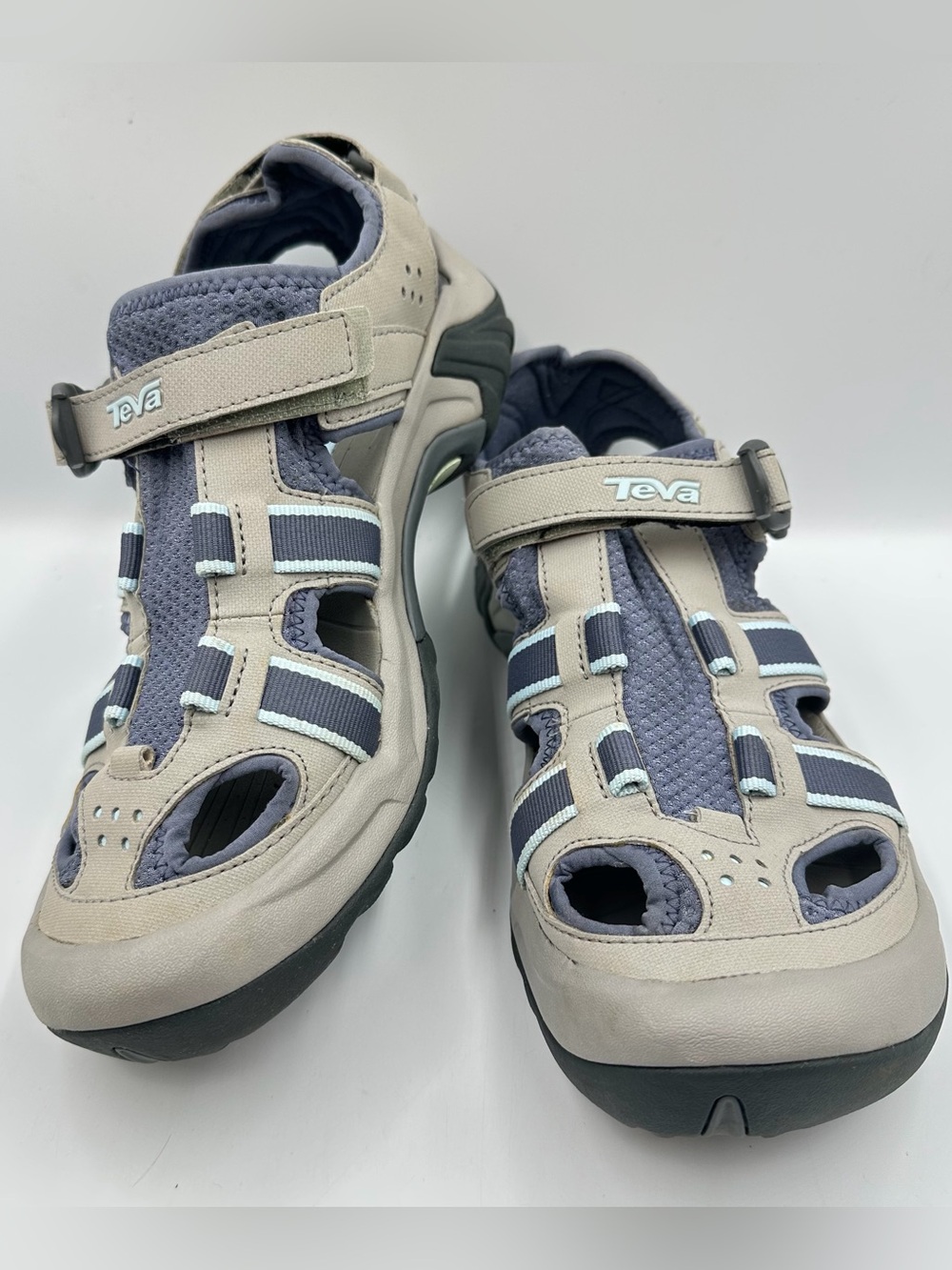 Teva Gray Blue Omnium Water Hiking Shoe Womens 10.5 Comfort Missing Bungee Laces